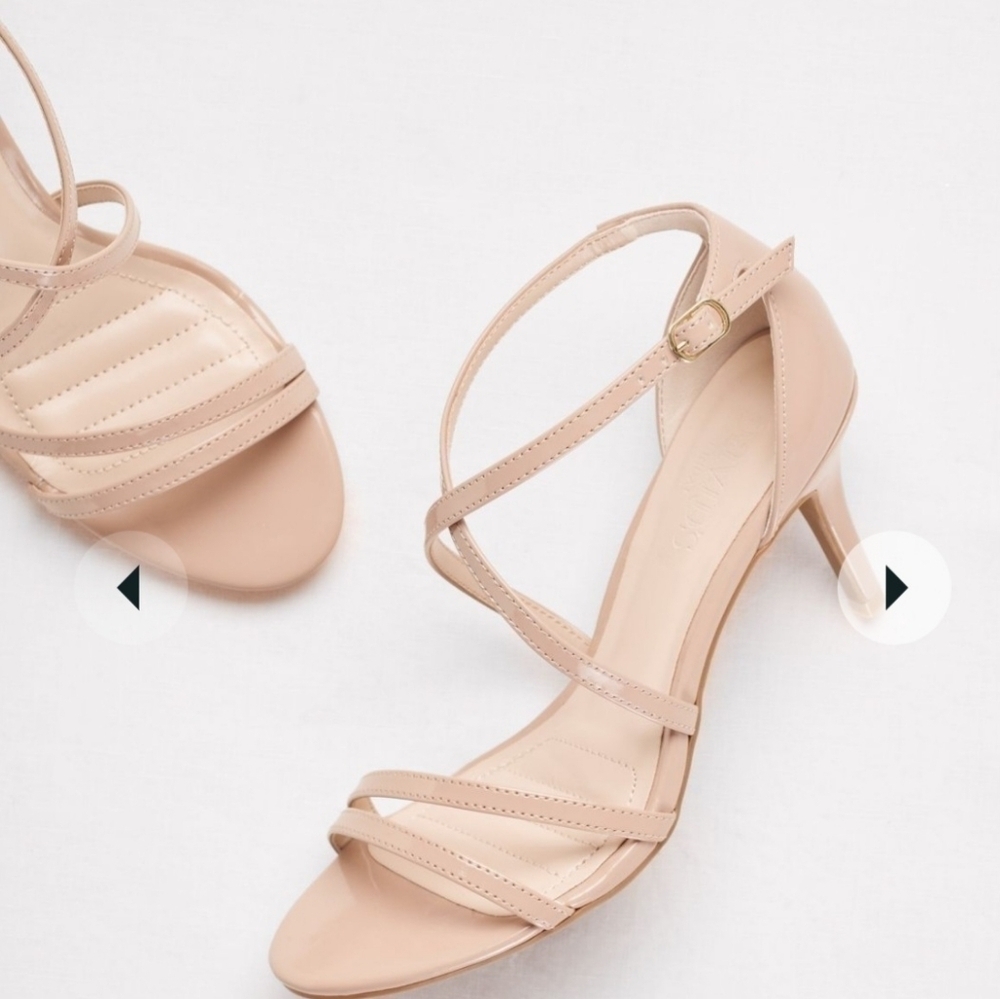 David's Bridal | Crisscross Strap High Heel Sandals Dress Shoes | Size 8.5, Nude - Picture 4 of 6